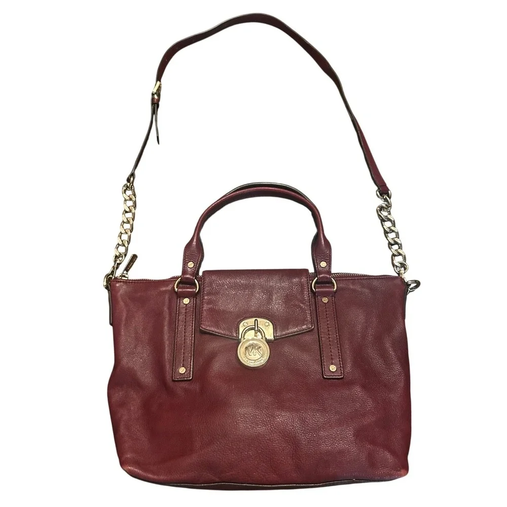 Michael Kors Hamilton Maroon Leather Lock Top Handle Zipper Satchel Shoulder Bag